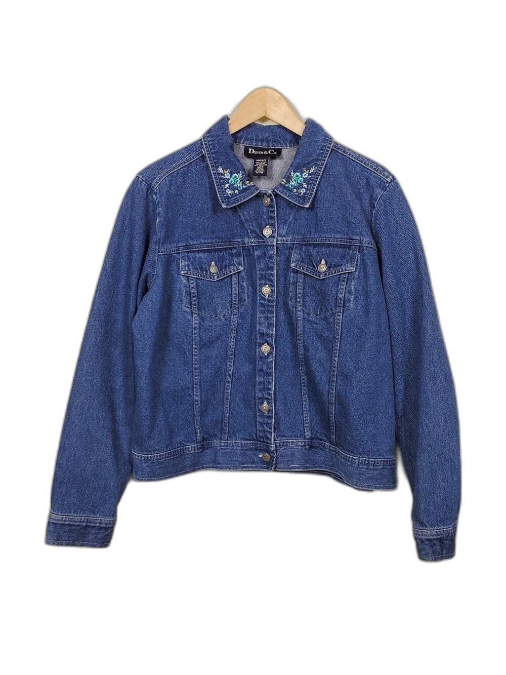 Denim & Co Boho Denim Jacket Womens Size M Blue Floral Embroidered Collar Cotton